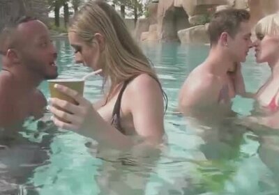 Stunning TS hotties indulge in anal group fun in a pool p