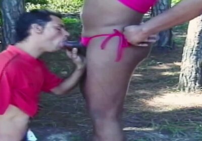Black Shemale with a Huge Cock Fucked Outdoors by Guys