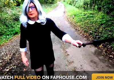 Amateur crossdresser Kellycd2022 in black dress and pantyhose outdoors