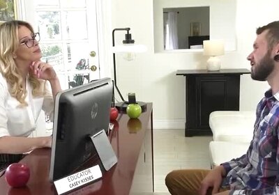 Busty tranny teacher Casey Kisses barebacked in her off