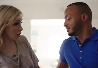 Busty trans Angelina Please barebacked by black stepbro