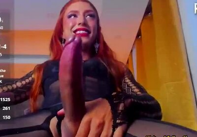 skinny redhead trans sweetie in pantyhiose and lingerie jerks off her big heavy cock