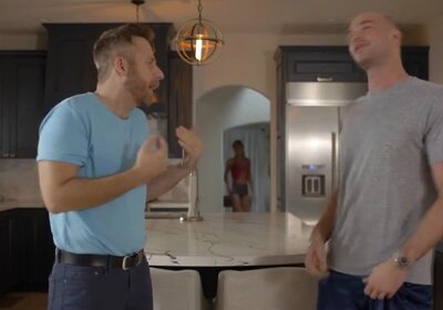 Busty TS blonde seduces husbands friend to fuck her