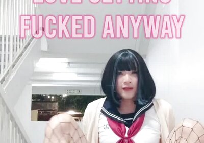 chinese sissy in school uniform masturbating with a dildo in public (with sissy captions)