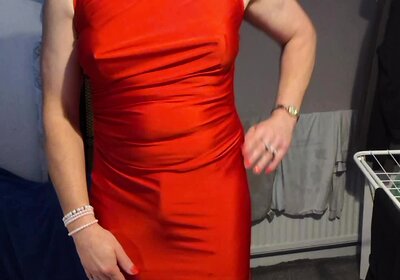 Tranny granny in red dress and heels