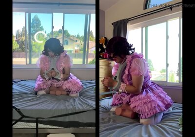 Pink Satin Sissy Maid Rides Her Sex Doll Toy While Locked