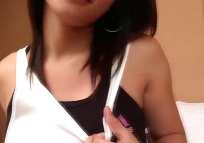 Slender ladyboy strips her sexy white dress before pumping her hairy dick