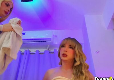 Hot shemale rides trans friend's throbbing hard cock