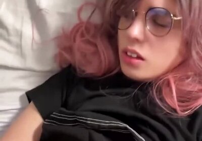 Nerdy teen shemale jerking off