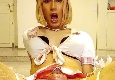 Hot sissy in chastity playing with huge dildo