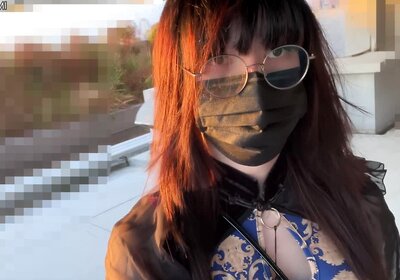 HA103Slutty crossdresser in a cheongsam masturbating outdoors.