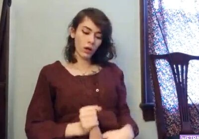 Brunette Tgirl Strokes Her Cock