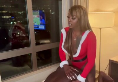 Festive black shemale demolishes a dude