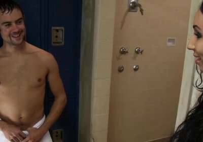 Shemale Honey catches college crush jerking off in locker room intense anal